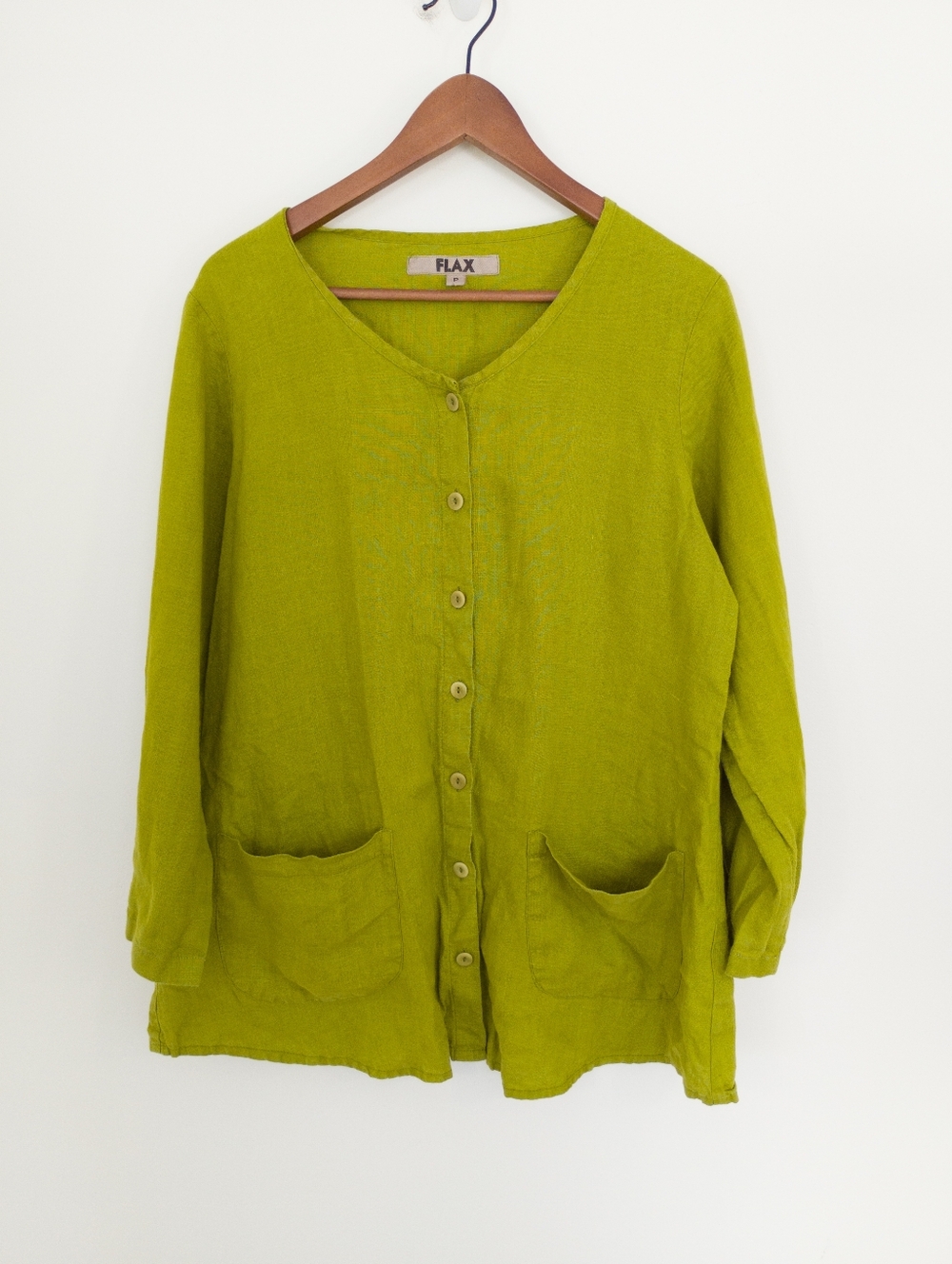 FLAX 100% Linen Button Down Shirt Jacket Chartreuse Lime Green Small